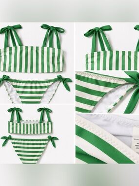 Cupshe Green & White Striped Tie Shoulder Bandeau Bikini Set Size Large